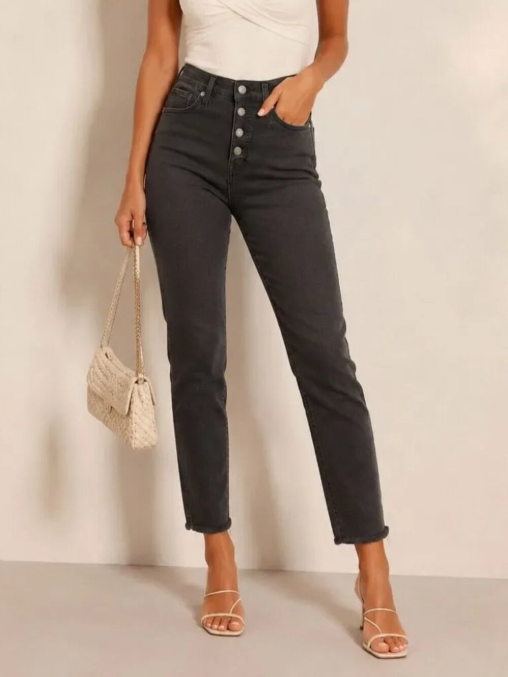 MADEWELL Button Fly Black Wash 10" High Rise Skinny 26 Women's Stretch Jeans